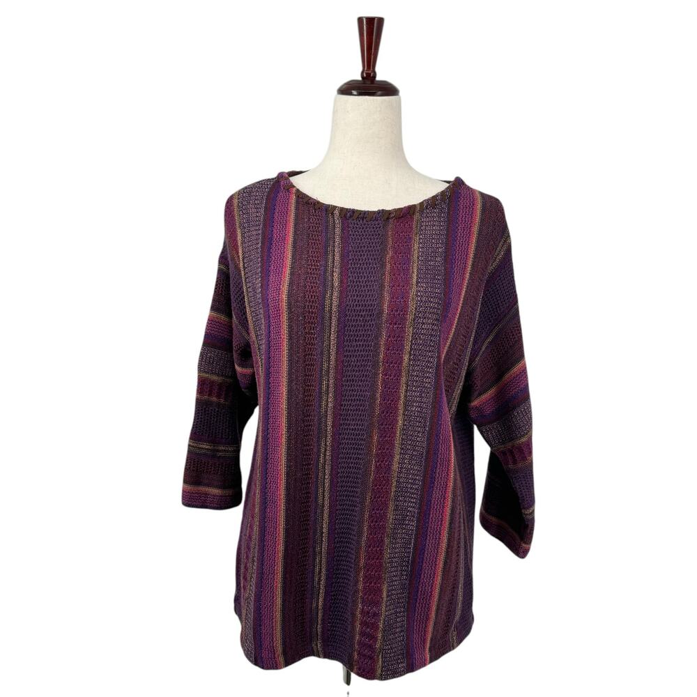 Vtg Chaps Cotton Blend 3/4 Sleeve Woven Striped Pattern Sweater Large Round Neck